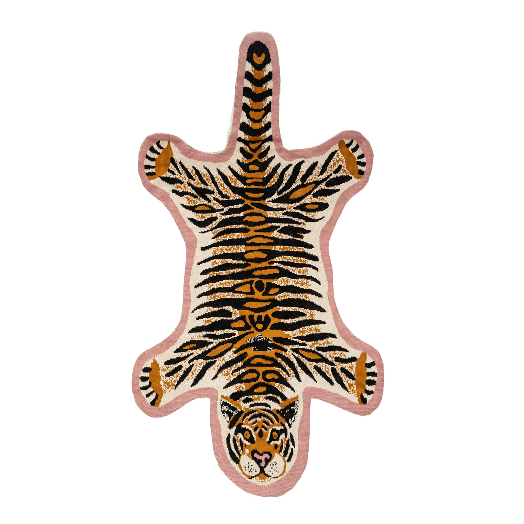 Tiger Knit Rug Shaped Like Tiger Against White Background