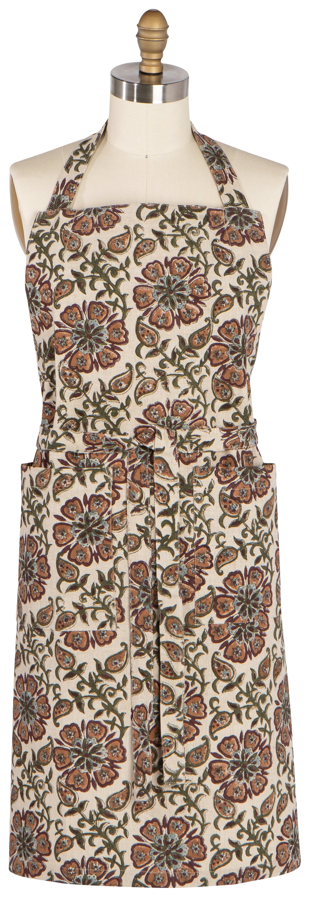 Floral patterned apron on a mannequin against a white background