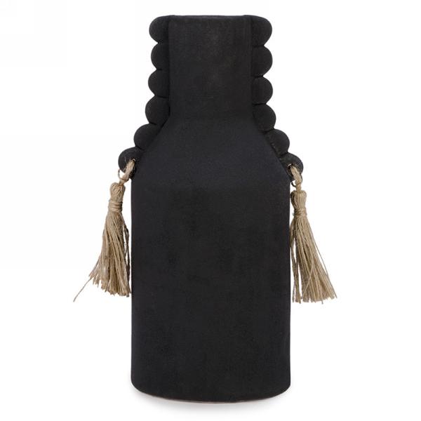 Black Vase with Jute Tassels