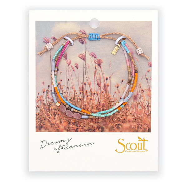 Set of colorful beaded bracelets on a card with 'Scout' branding and 'Dreamy Afternoon' text.