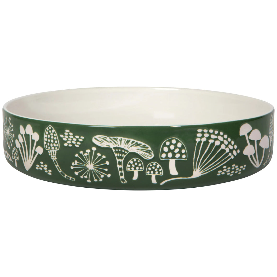 Green Stoneware Bowl with White Mushroom and Plant Pattern on a Forest Green Background Canada Danica