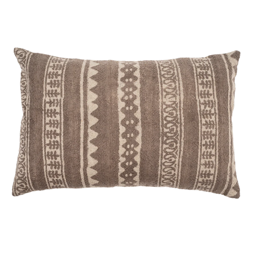 Decorative pillow with brown and beige pattern on a white background