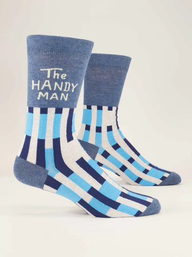 Two pairs of blue and white patterned socks with text on a light gray background