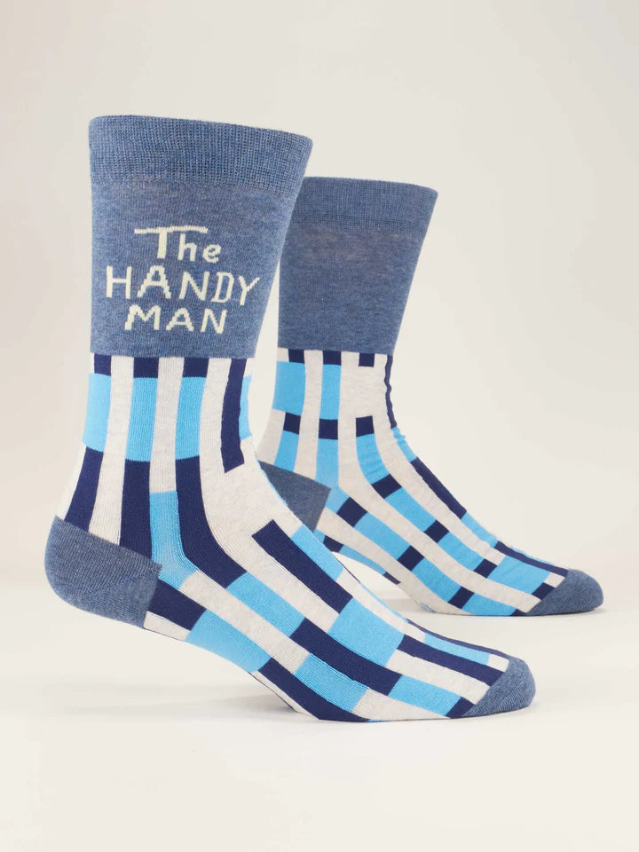 Two pairs of blue and white patterned socks with text on a light gray background