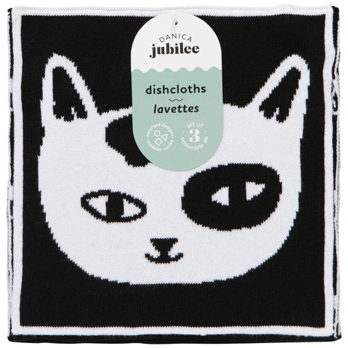 Black and white cat set of 3 dishcloths