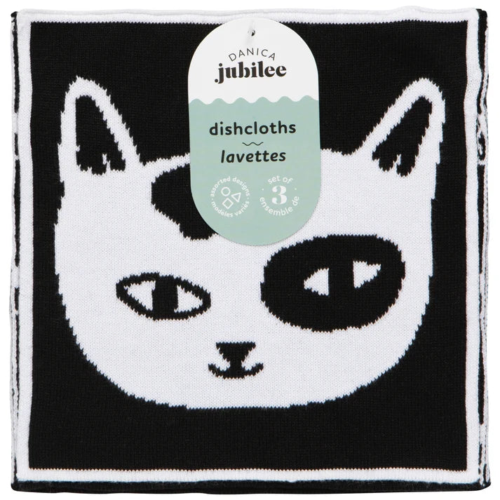Black and white cat set of 3 dishcloths