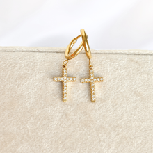 Pave CZ Cross Charm Hoop Earrings - Stainless Steel