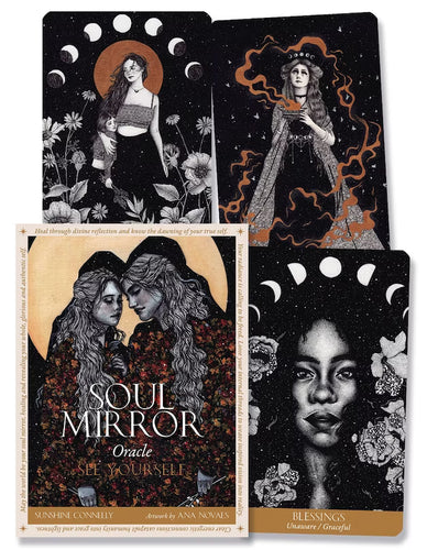 Set of tarot cards titled 'Soul Mirror' with illustrations of women and nature elements.