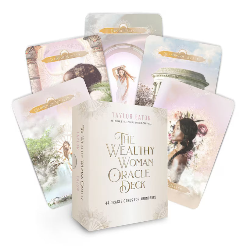 The Wealthy Woman Oracle Deck packaging with cards displayed on a white background