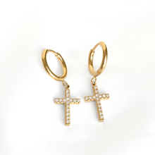 Pave CZ Cross Charm Hoop Earrings - Stainless Steel