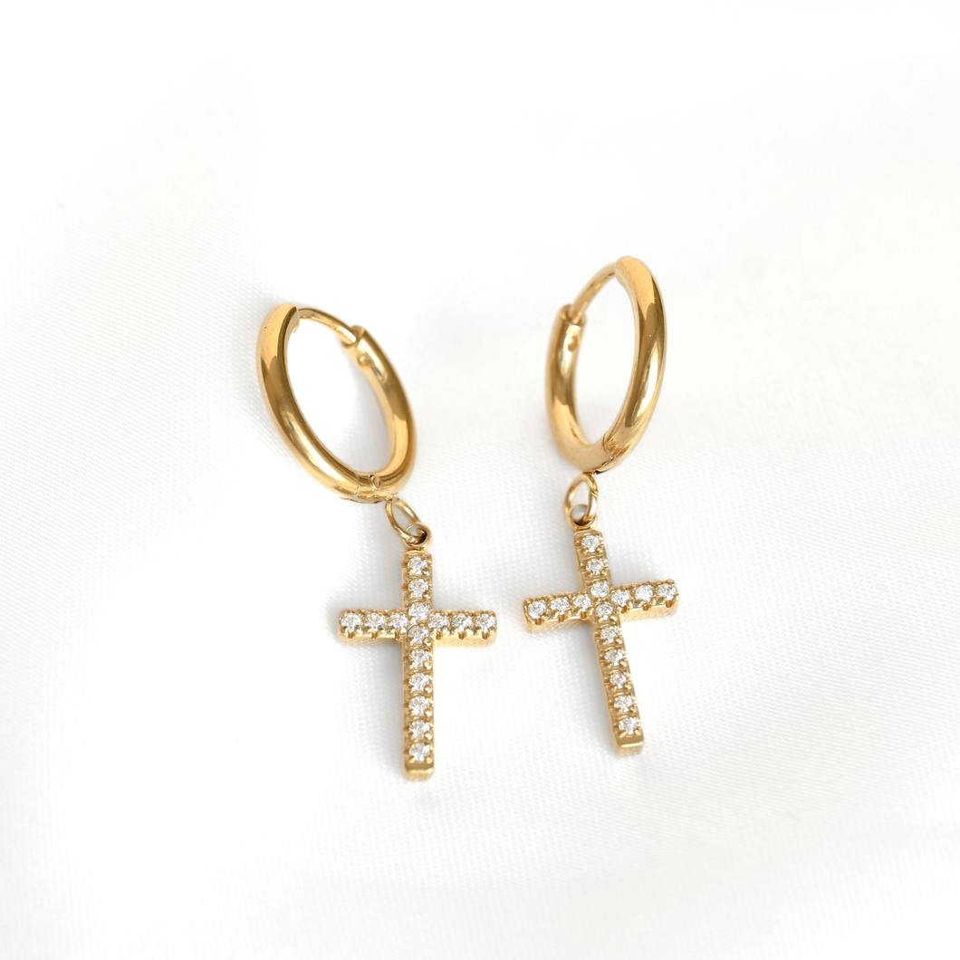Pave CZ Cross Charm Hoop Earrings - Stainless Steel