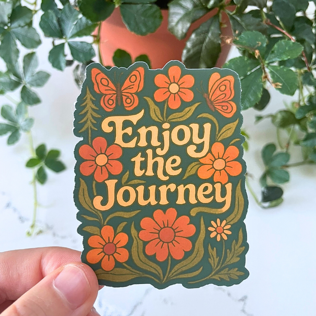 enjoy the journey sticker gren background orange flowers