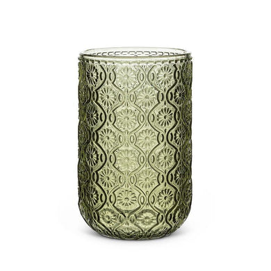 Olive green highball glass with embossed daisy pattern on white background
