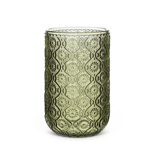 Olive green highball glass with embossed daisy pattern on white background
