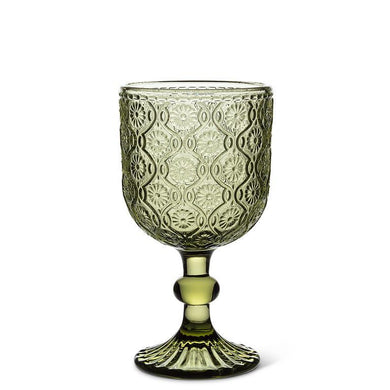 Olive green ine goblet with embossed daisy design on white background
