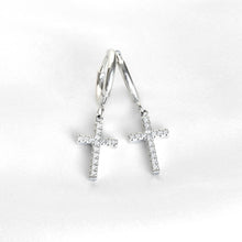 Pave CZ Cross Charm Hoop Earrings - Stainless Steel