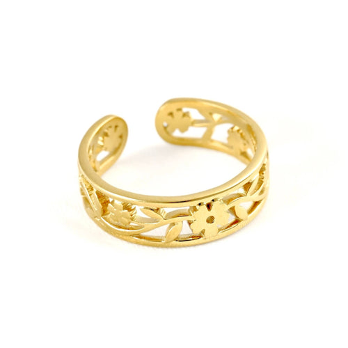 A gold-colored open bangle ring with an intricate filigree floral pattern, displayed on a clean white background.