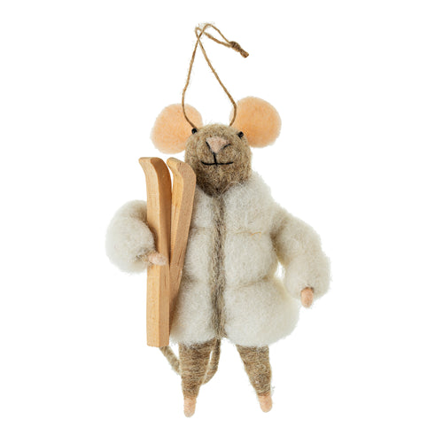Felted wool mouse in a puffy white jacket carrying skis