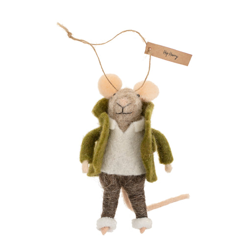 Woolen mouse with green peacoat and brown trousers on a white background
