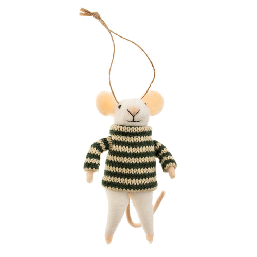 Woolen mouse ornament wearing a striped sweater on a white background