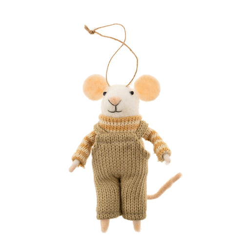 Woolen mouse ornament in a striped sweater and knit overalls on a white background