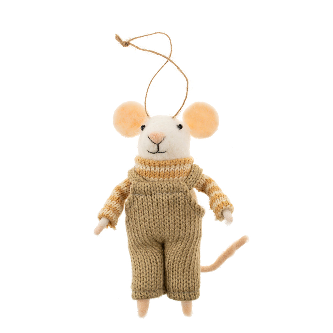 Woolen mouse ornament in a striped sweater and knit overalls on a white background