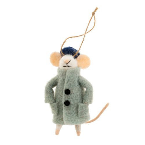 Felt mouse ornament wearing a coat and hat on a white background