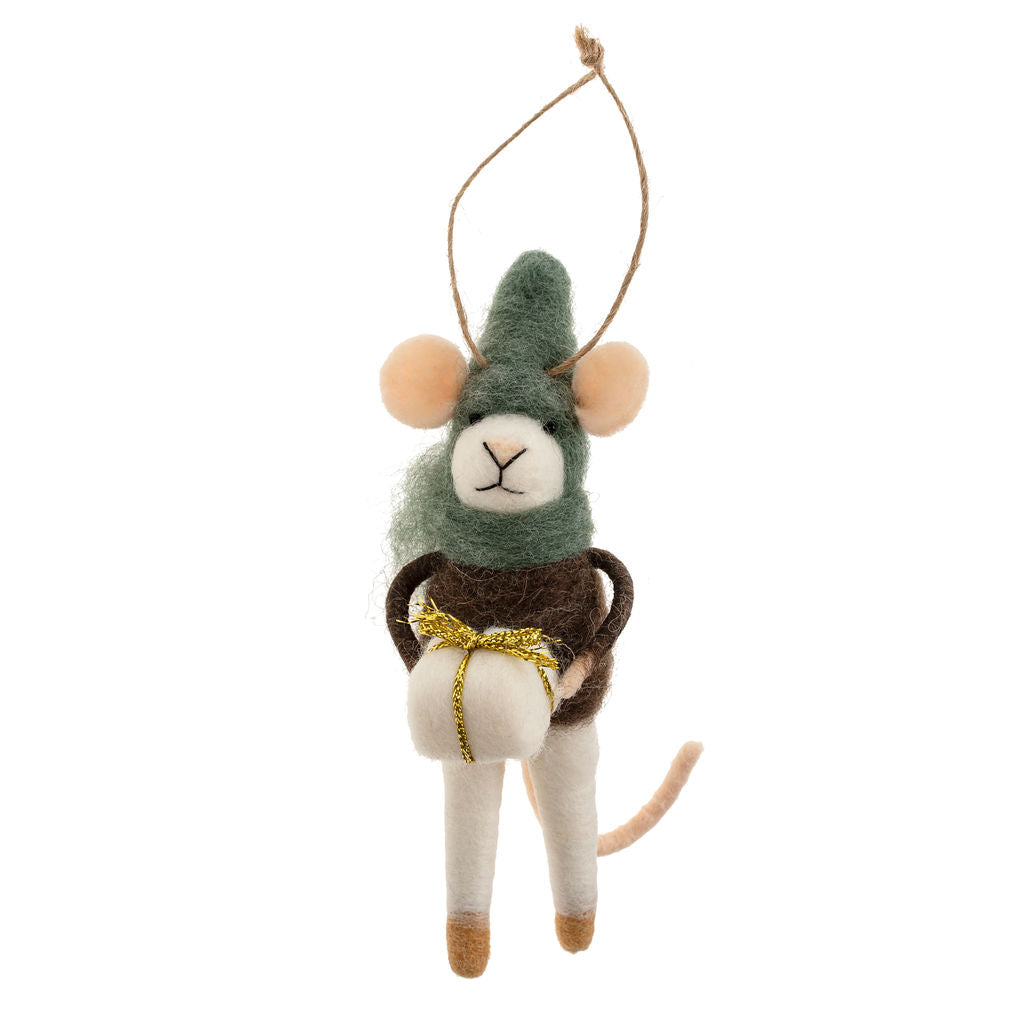 Woolen mouse in a blue hat holding a present.