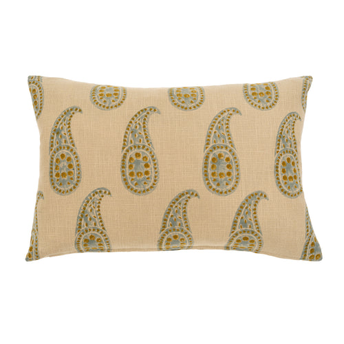 Decorative block print pillow with paisley pattern on a beige background