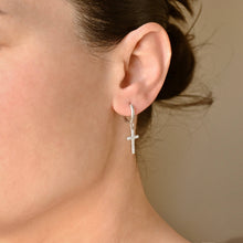 Pave CZ Cross Charm Hoop Earrings - Stainless Steel