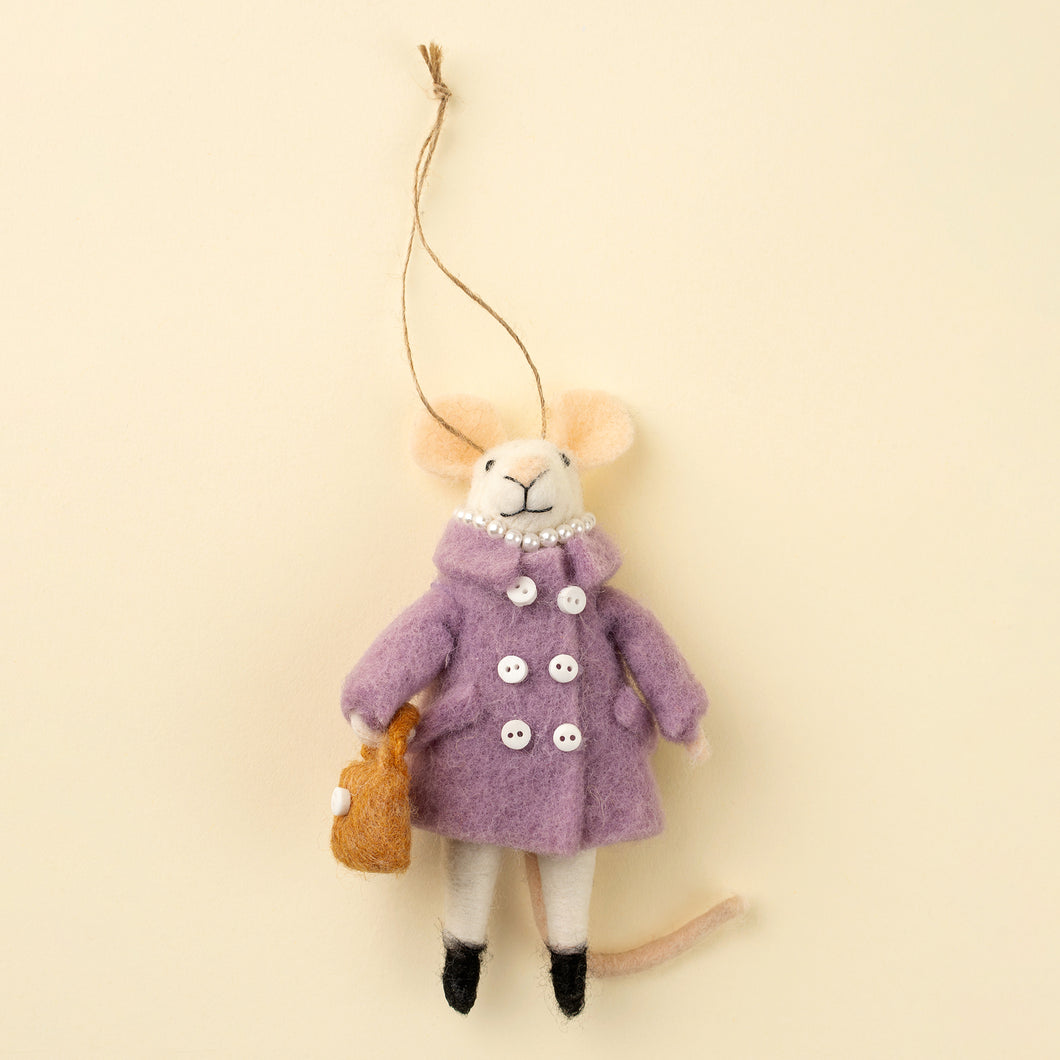Felt mouse with purple button up coat holiday ornament on beige background