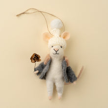 Felt Mouse with grey coat holding a rose on a beige background
