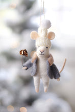 Felt Mouse with grey coat holding a rose on a snowy white background