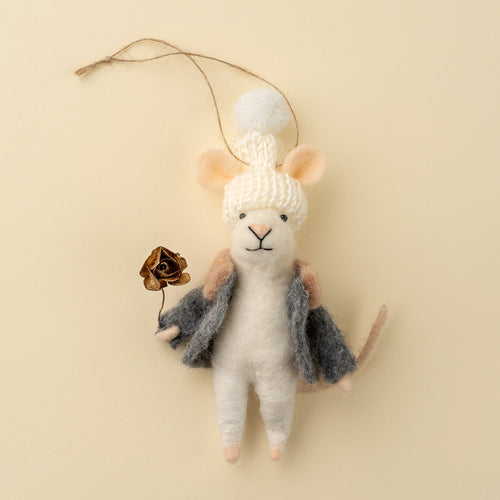 Felt Mouse with grey coat holding a rose on a beige background