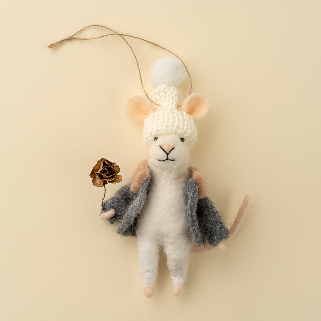 Felt Mouse with grey coat holding a rose on a beige background