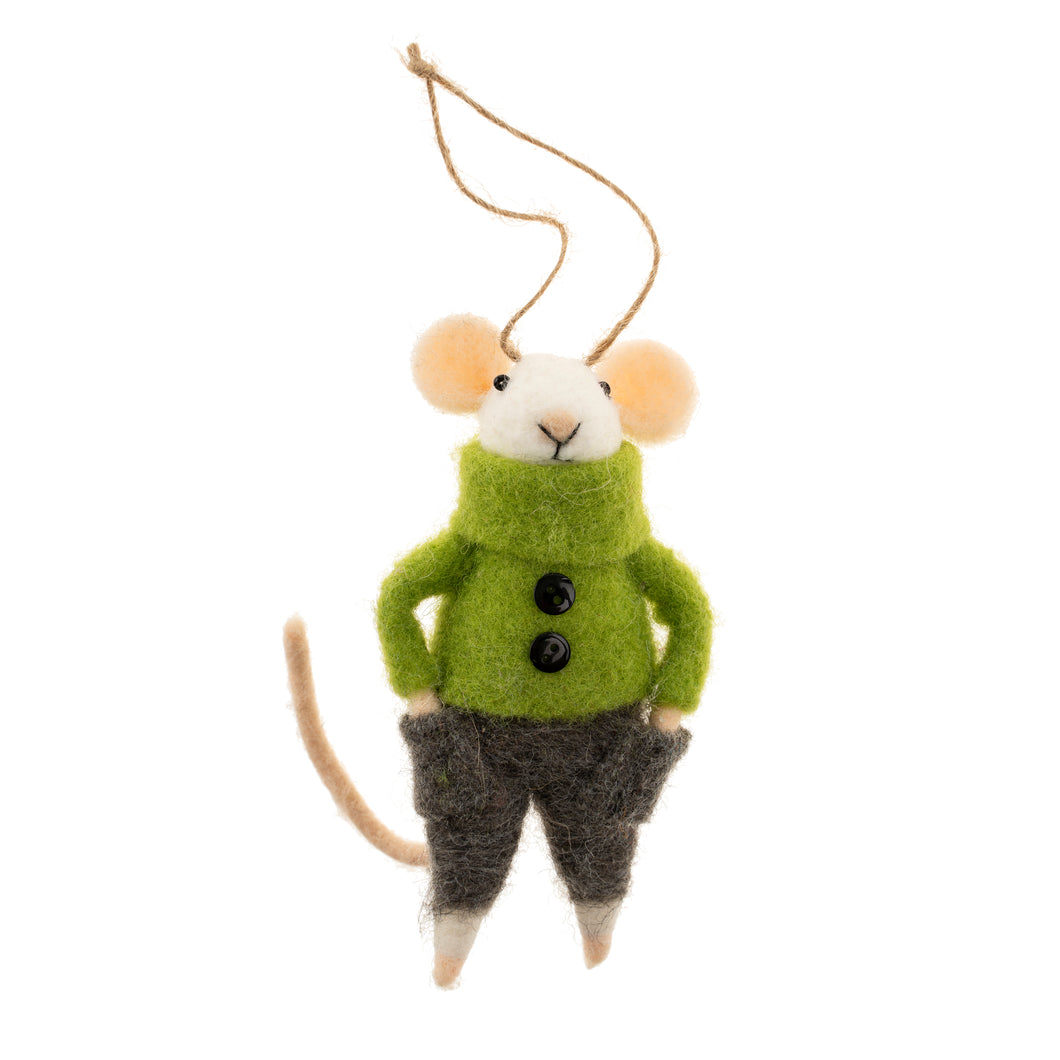 Felt mouse ornament wearing green sweater and brown trousers on white background