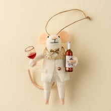 Felt mouse ornament wearing white tuxedo and holding wine bottle and glass