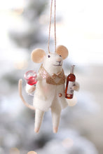 Felt mouse ornament wearing white tuxedo and holding wine bottle and glass