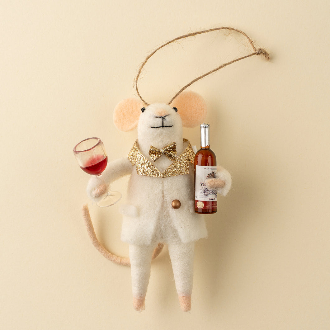 Felt mouse ornament wearing white tuxedo and holding wine bottle and glass