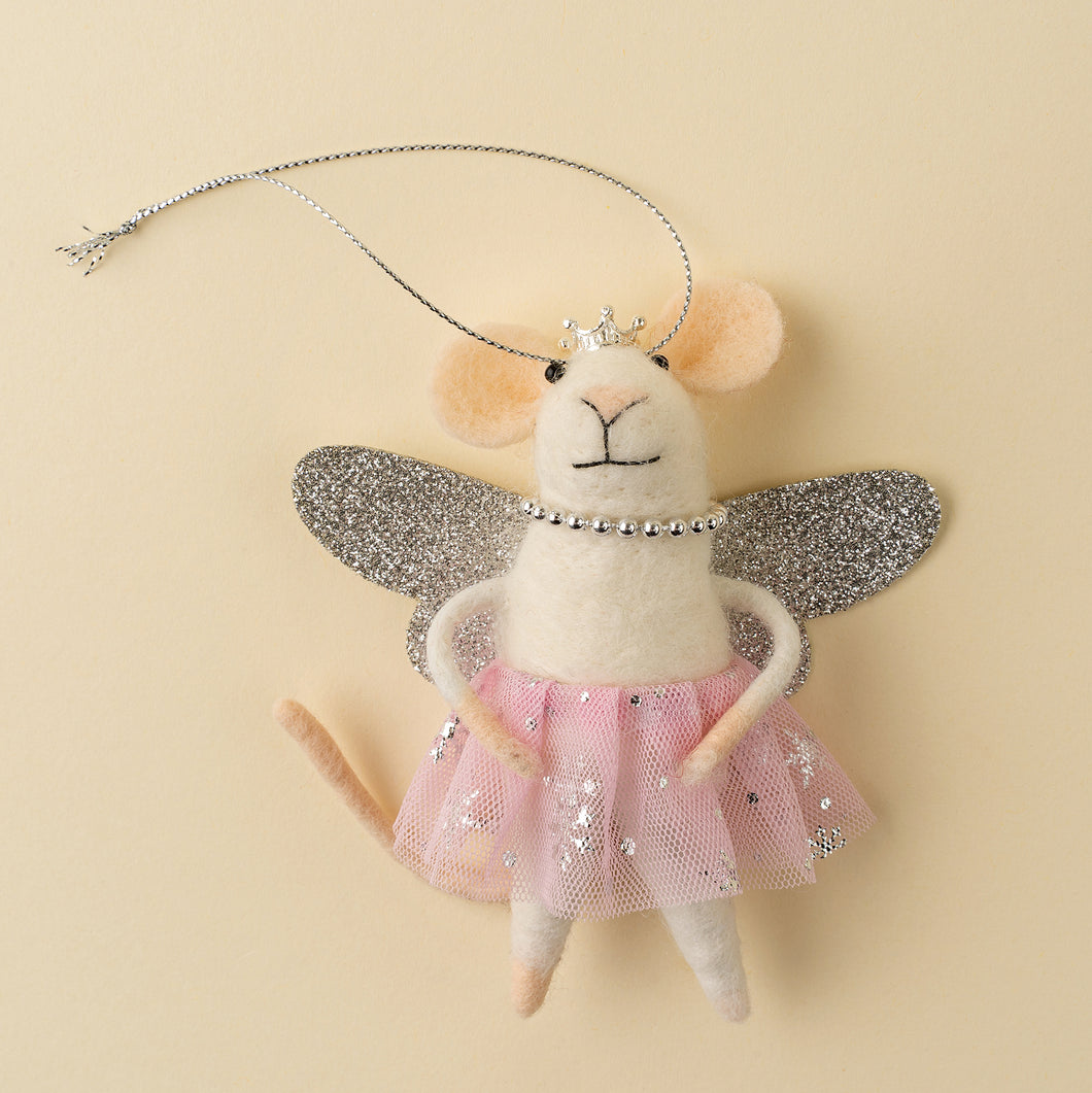Felt Mmouse ornament with pink tutu and silver sparkling wings