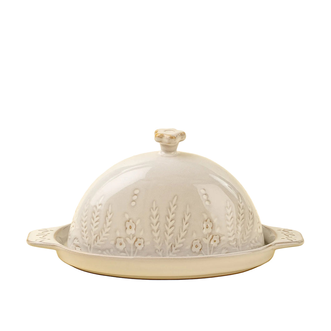 Ivory stoneware butter dish with floral embellished lid