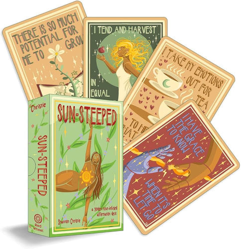 Sun-steeped card game packaging with four cards displayed on a white background