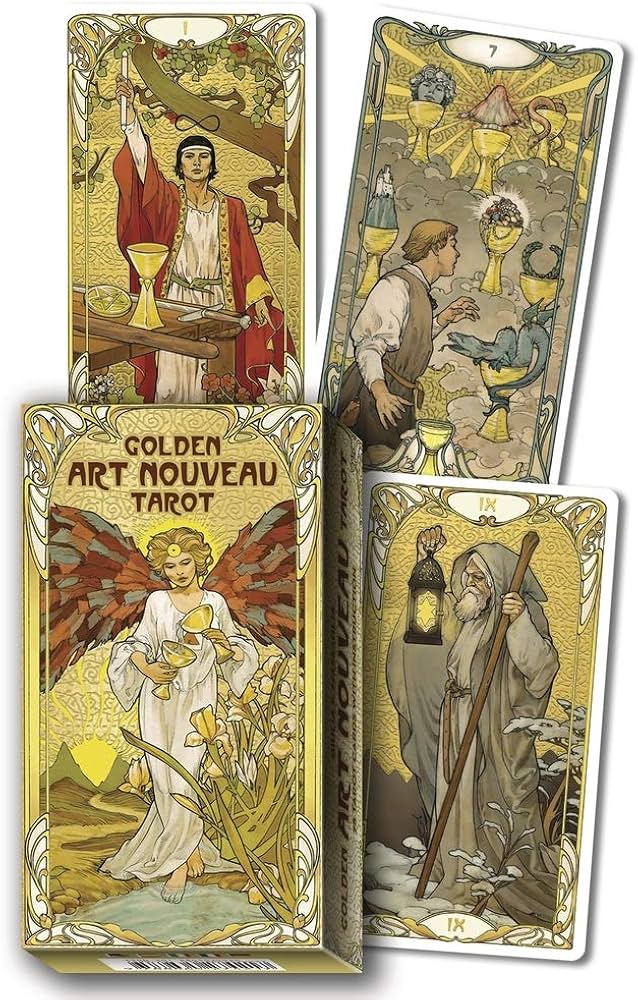 Golden Art Nouveau Tarot cards with decorative covers featuring figures and text.