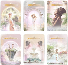 Set of six tarot cards featuring women in various scenic and mystical settings.