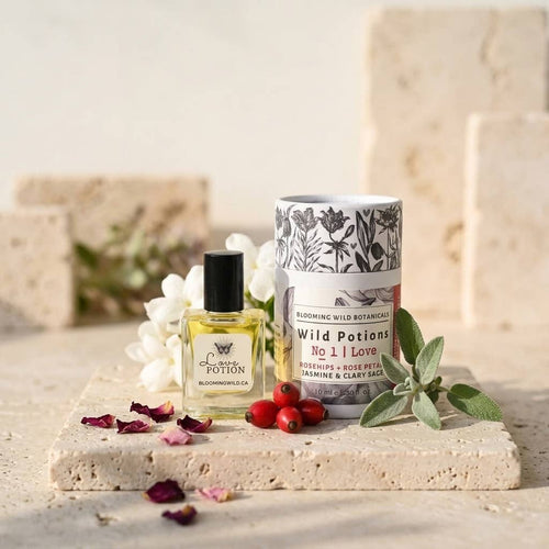 Two small bottles labeled 'Love Potion' and 'Wild Potions No 1 Love' on a stone surface with flowers and berries.