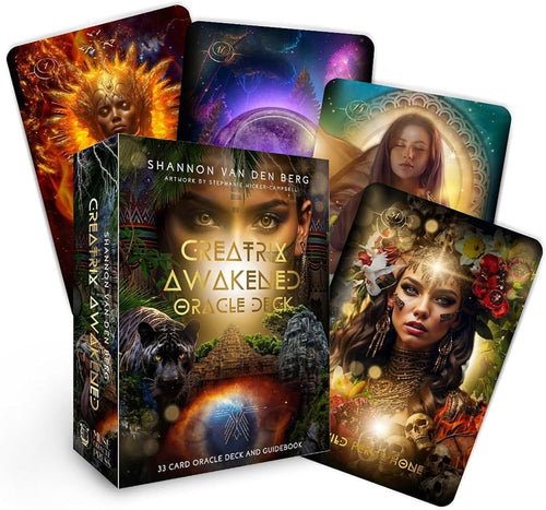 Creatrix Awakened Oracle deck with colorful cards and packaging featuring artistic designs.