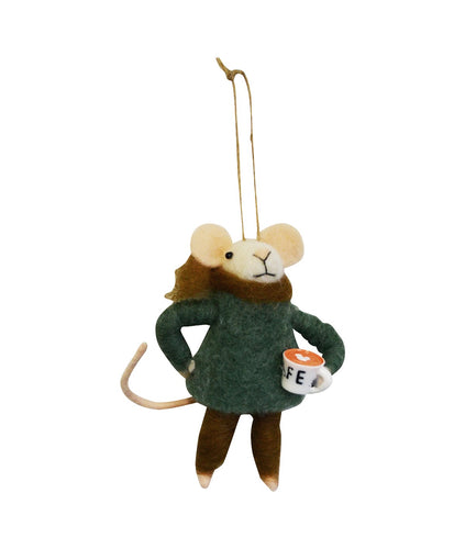 Mouse ornament wearing a sweater with a coffee cup, on a white background