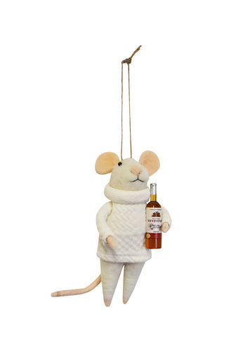 Stuffed mouse toy holding a bottle of wine on a white background