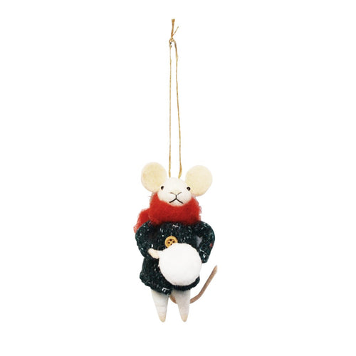 Felt mouse ornament wearing a knit sweater and holding a snowball on a white background