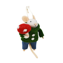 Wool Mouse Holding Mushroom Christmas Ornament Against White Background